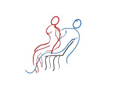 Sexuální poloha obrácená židle. Modrý muž, červená žena.