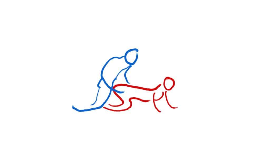 Poloha na pejska, ilustrační zobrazení, červená žena je pod modrým mužem.